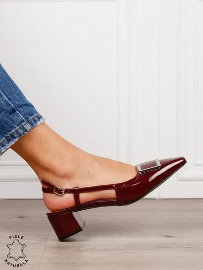 Pantofi dama eleganti din piele naturala cu toc gros mic CRL1615 Bordo