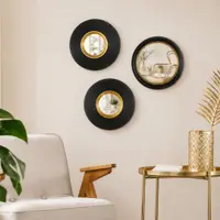 Set 3 oglinzi rotunde, decorative, cu rame negre și detalii aurii, 25.5 cm