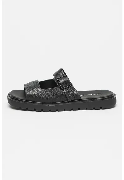 Papuci din piele cu catarama decorativa - Negru