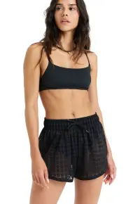Pantaloni scurti de plaja din bumbac cu snur in talie - Negru