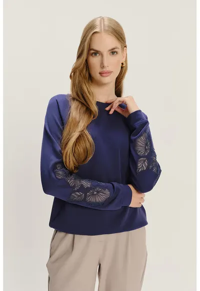 Bluza de trening cu aplicatii florale - Albastru royal