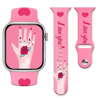 Curea Love You pentru Apple Watch, Imprimeu animat, Sport si ajustabila, Silicon, Roz - 44/45/46/49 mm Engros