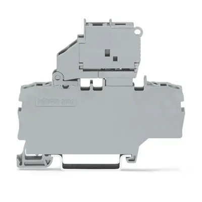 2-conductor fuse terminal block; with pivoting fuse holder; with additional jumper position; for 5 x 20 mm miniature metric fuse; without blown fuse indication; for DIN-rail 35 x 15 and 35 x 7.5; 2.5 mm²; Push-in CAGE CLAMP®; 2,50 mm²; gray