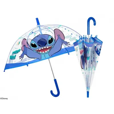 Umbrelă manuală, Perletti, cupolă transparentă POE, model Stitch, sistem antivânt, colecția Lilo & Stitch, 45 cm