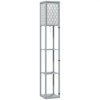 HOMCOM Lampadar Podea 2 în 1, 3 Rafturi, Economisire Spațiu, Soclu E27, 26x26x160 cm, Gri Deschis | Aosom Romania