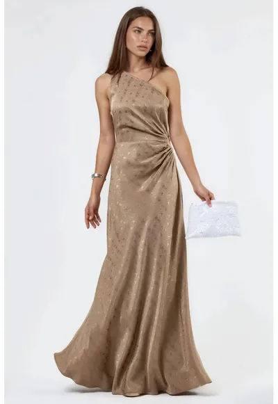 Rochie maxi - asimetrica - cu un umar gol - maro - satin