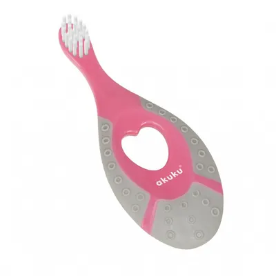 Periuta de dinti Akuku First brush RozGri pentru bebelusi si copii,peri moi,maner silicon,capac inclus,recomandat pentru 0-2 ani