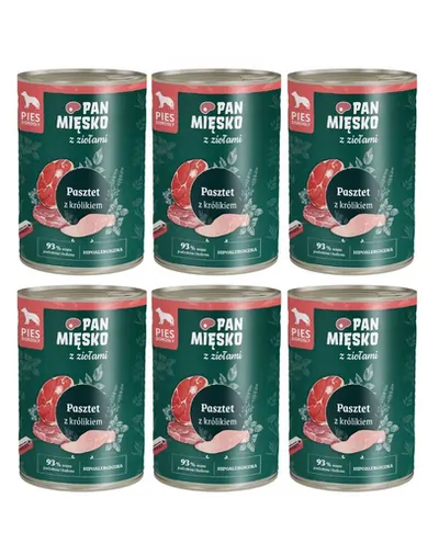 Hrană umedă câini adulți PAN MIĘSKO pate iepure hipoalergenică cu ierburi 6x400 g