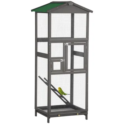 PawHut Colivie pentru Păsări din Lemn și Plasă Metalică cu 2 Uși și Tavă Detașabilă, 68x63x165 cm, Gri Deschis | Aosom Romania