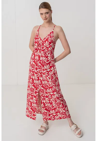 Rochie cu imprimeu - decolteu in V si slit frontal - Rosu vermillion/Alb murdar