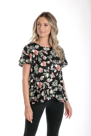 Bluza volan CV24055 negru floral, Cesy | marimea M