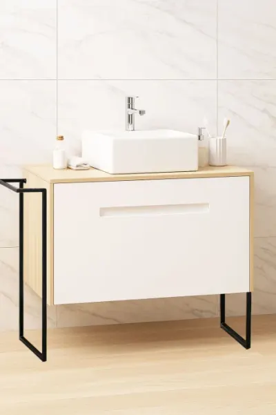 Set Baza front MDF si Lavoar seria 401, cu sertare, cadru metalic, montat, 90 cm, fag
