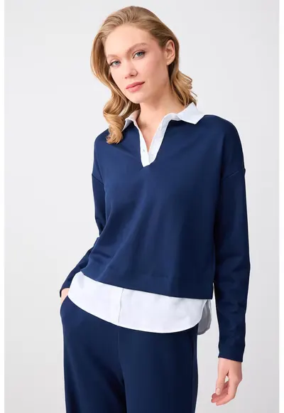 Bluza din amestec de modal cu design 2-in-1 - Alb/Bleumarin