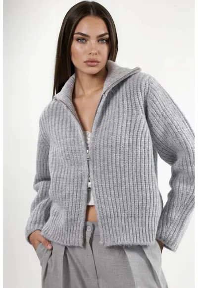 Cardigan Femei guler inalt - texturat gros - gri deschis