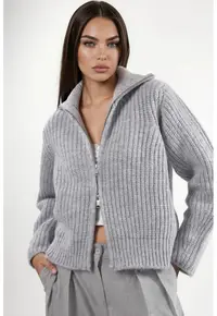 Cardigan Femei guler inalt - texturat gros - gri deschis