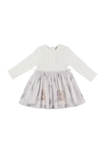 Rochie tricotata cu fusta din tull - Cute Bear - Ecru - pentru fetite - Ecru