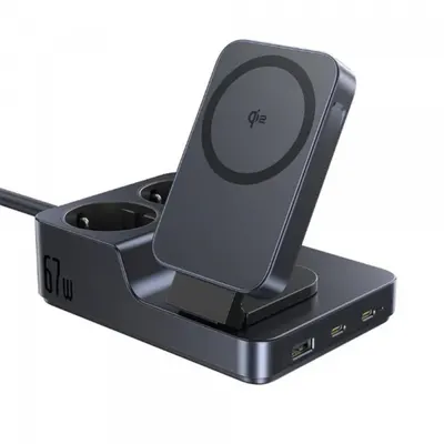 Incarcator Statie Baseus Nomos ND11 QI 6in1, 67W, 3.35A, 1 x USB-A - 2 x USB-C - 2 x Schuko, Negru E00078801123-00