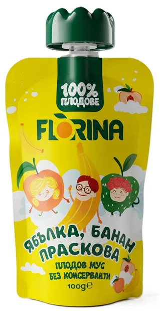 Mousse de fructe, măr, banană și piersică, 100 g, Florina