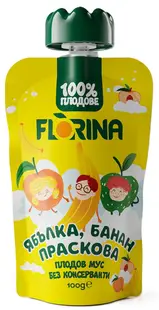 Mousse de fructe, măr, banană și piersică, 100 g, Florina