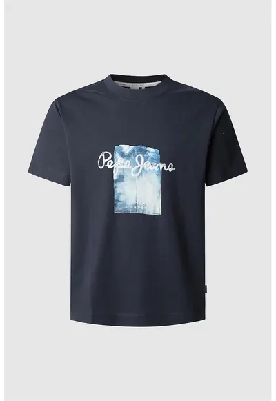 Tricou cu logo si imprimeu abstract - Alb/Albastru pastel/Bleumarin