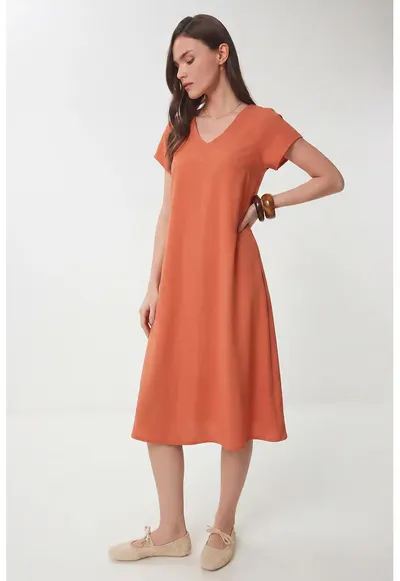 Rochie Midi - Happiness Istanbul - A-line - Portocaliu pal - Viscoza cu elastan