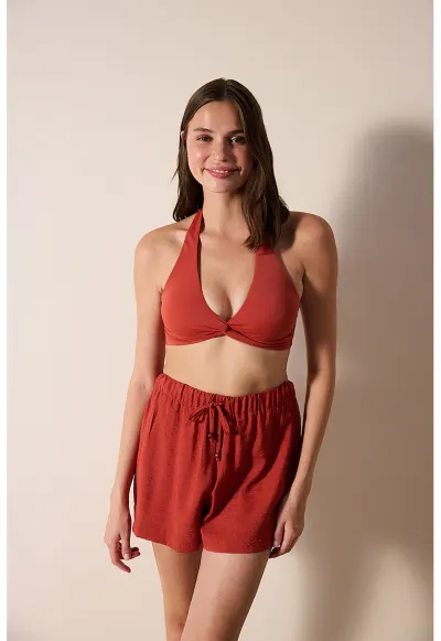 Pantaloni scurti de baie cu talie inalta - Caramiziu