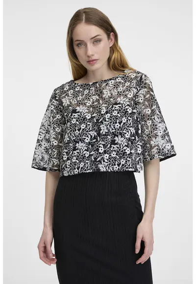 Bluza crop de dantela cu decupaj pe spate - Alb/Negru