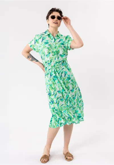 Rochie-camasa lunga de vara din viscoza - cu volane - maneci scurte - curea in talie - G-Amstel - verde - Verde