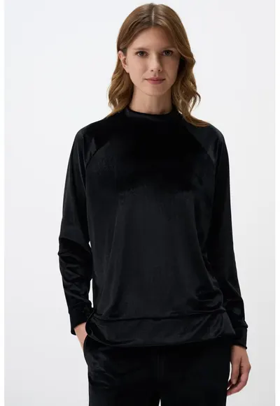 Bluza de trening catifelata cu decolteu rotund - Negru