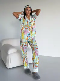 Set pijama dama din doua piese, cu nasturi – 2500373, Imprimeu multicolor