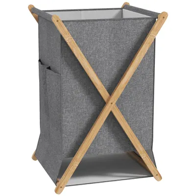 HOMCOM Coș Pliabil pentru Rufe 55L din Material Textil și Cadru din Bambus pentru Cameră și Spălătorie, 41x41x64 cm, Gri | Aosom Romania