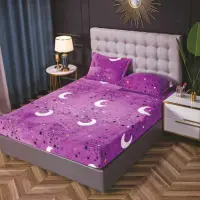 Cearsaf / Husa cu Elastic Cocolino 180x200cm si 2 fete de perna 50x70cm, Mov, luna si stele