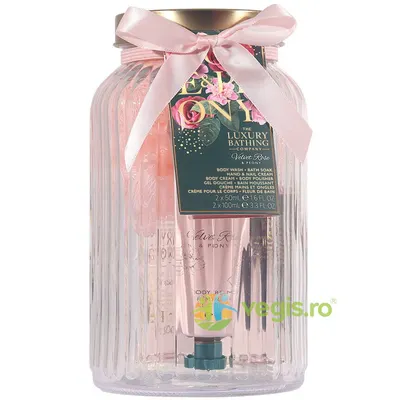 Set Cadou Pure Indulgence Gel de Dus 100ml + Spuma de Baie 100ml + Crema pentru Maini si Unghii 50ml + Crema de Corp 50ml + Burete Exfoliant de Corp 1buc + Borcan de Sticla Reutilizabil cu Capac 1buc