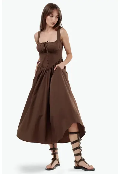Rochie midi detalii cu nasturi - maro - bumbac/poliester