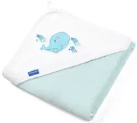 Prosop cu gluga din bumbac Babyono, 85 х 85 cm, albastru cu aplicatie balena