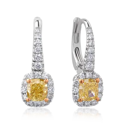 Cercei din aur alb cu diamante fancy-galbene radiant de 1.19ct si diamante incolore round de 0.52ct