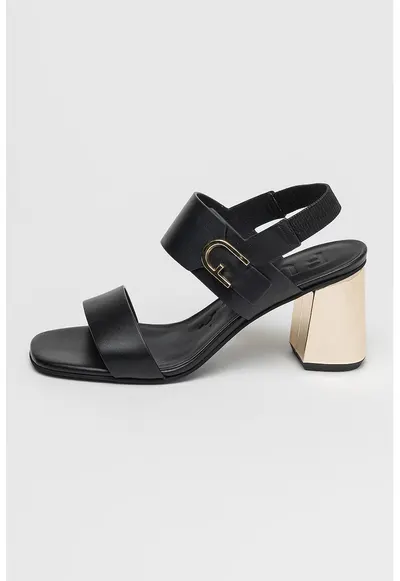 Sandale de piele cu toc masiv - Auriu/Negru