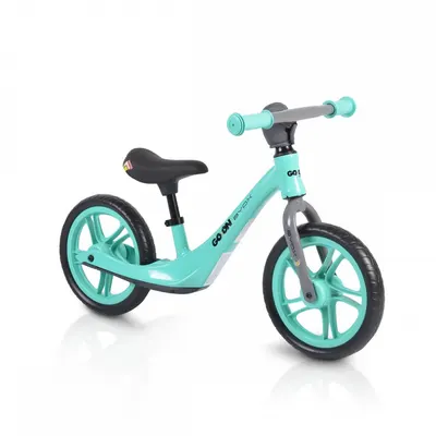 Bicicleta copii fara pedale Byox Go On turquoise 12 inch, roti din spuma EVA, scaun reglabil 32-41 cm, cadru din aliaj de magneziu, roti din spuma rezistenta, greutate maxima 30 kg