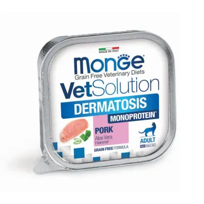 MONGE VETSOLUTION Dermatosis, Porc și Aloe Vera, dietă veterinară, tăviță hrană umedă fără cereale pisici, piele & blană, (pate), 100g