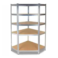 Raft metalic de colt, cu 5 polite, cadru otel galvanizat, polita MDF, 175 Kg/polita, 180x90x40 cm