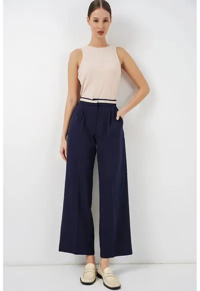 Pantaloni dama - talie inalta - picior larg - albastru marin - poliester-elastan