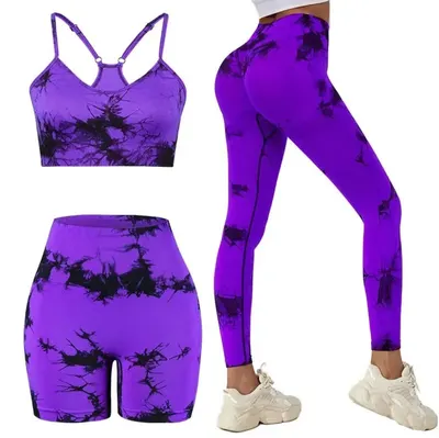Set pentru Sala Purple/Black 3 piese, Pantalon Scurt, Colant si Bustiera, Model Tie-Dye - M, MIX15472-2148