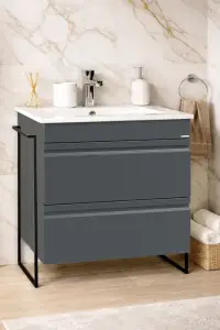 Set Baza front MDF si Lavoar seria 086, cadru metalic, cu sertare, montata, 70 cm, antracit