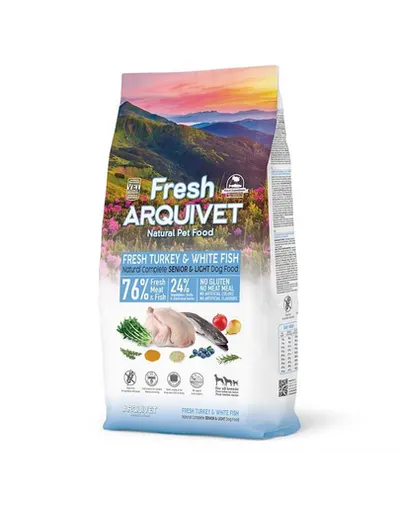 Hrana semiumeda ARQUIVET Fresh Senior Light pentru caine senior 10 kg curcan si peste alb