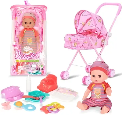 Păpușă-bebe care face pipi Sonne - Mabel, cu carucior roz si accesorii