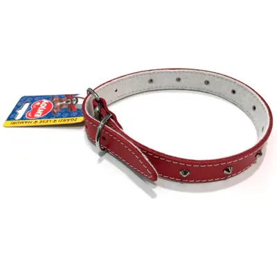 Zgarda din piele, rosie, cu tinte, 14 mm x 400 mm