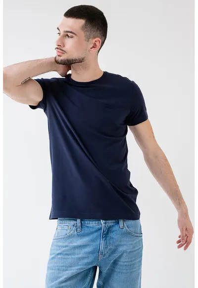 Tricou slim fit cu decolteu la baza gatului - Bleumarin