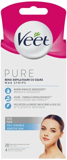 Veet Pure - Benzi de ceară facială pentru piele sensibilă, 20 bucăți