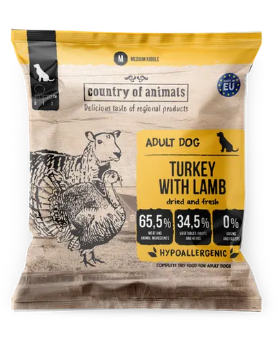 COUNTRY OF ANIMALS Turkey with Lamb M 50g curcan și miel, hrană uscată câini