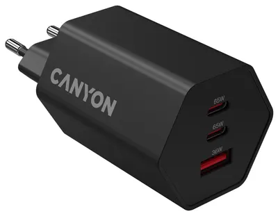 Încărcător Canyon - Hexagon 65 GaN, USB-A/C, 65W, negru